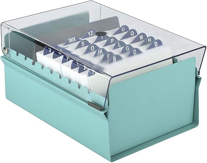 Acrimet 4 x 6 Card File Holder Organizer Box Metal Base Heavy Duty (AZ Index Cards and Divider Included) (Green Color with Clear Crystal Plastic Lid Cover)