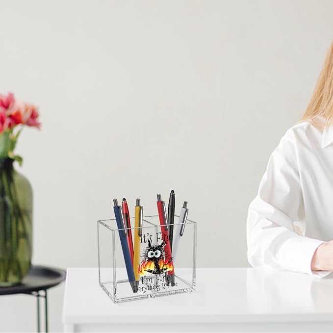 It's Fine I'm Fine Acrylic Cosmetic Pencil Pen Holder Funny Black Cat Pen Holder Cup Sarcastic Gifts for Cat Lover Women Men Colleague Boss Decor for Home Office Desk Accessories