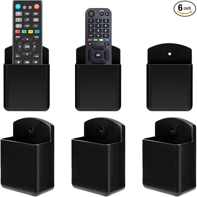 6 Pack Remote Control Holder Wall Mount Media Controller Organizer Self Adhesive TV Remote Storage Box Wall Pen Holder for Bedroom Headboard Home Office School (Black)