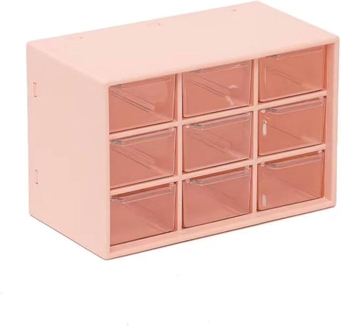 Feadily 4PCS Small Drawer Organizer for Desk, Desktop Drawer Organizer with 9 Clear Drawers, Plastic Desktop Storage Drawers 7.1 Inch x 3 .9 Inch x 4.7 Inch, Pink