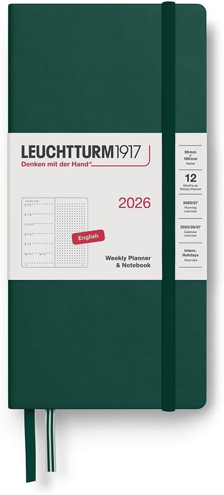 LEUCHTTURM1917 - Weekly Planner & Notebook 2026, Hardcover, Wallet (B6+ x A6), Dotted, Forest Green (Jan 1 - Dec 31, 2026)