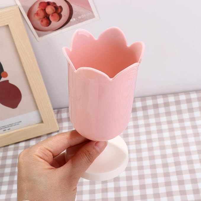 Tulip-Shaped Desk Organizer - Multifunctional Pen Cup with Cable Management for Office and School (Pink)