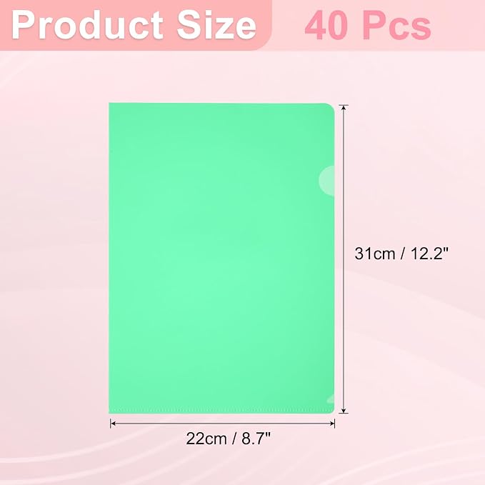 PATIKIL A4 Plastic Folders, 40 Pack Clear Folders L Type Project Pockets Paper Document Jacket Sleeves L Shaped Transparent for Documents Plastic Office File, 8.7x12.2in, Green