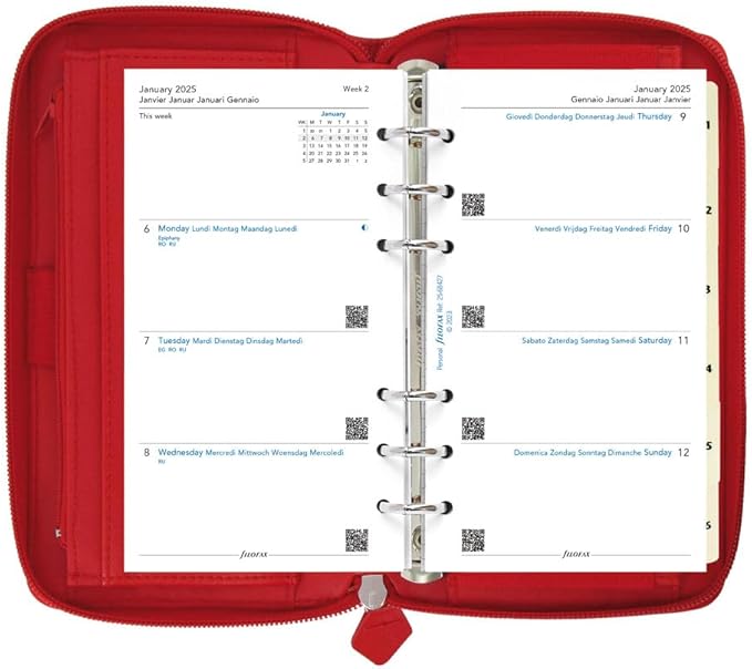Filofax Saffiano Zip Organizer, Personal Compact Size, Poppy - Cross-Grain, Leather-Look, Six Rings, Week-to-View Calendar Diary, Multilingual, 2025 (C022534-25)