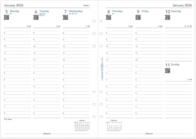 Filofax Calendar Diary Refill, A5 Size, Week-to-View with Appointments, White Paper, English, 2026 (C68521-26)