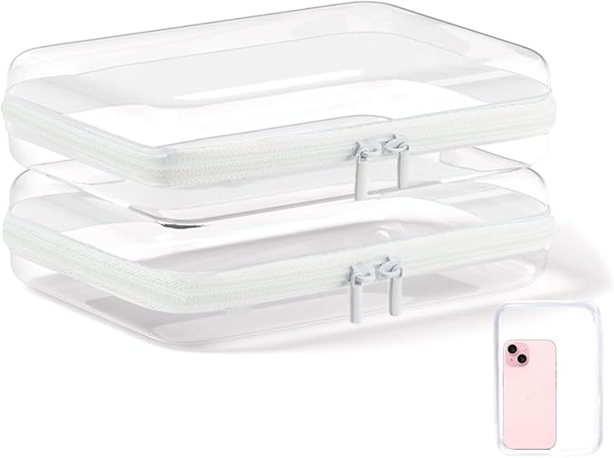 2PC Clear Hard Shell Zipper Case, Transparent Storage Box Set with Zipper, Waterproof Pouches for Diaper Bag Organizer, Travel Toiletry Makeup & Kids Toy Organization