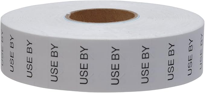 Black Print on White"USE BY" Pricing Labels to fit Monarch 1136 Pricers. 8 Rolls with 1 Free Ink Roller.