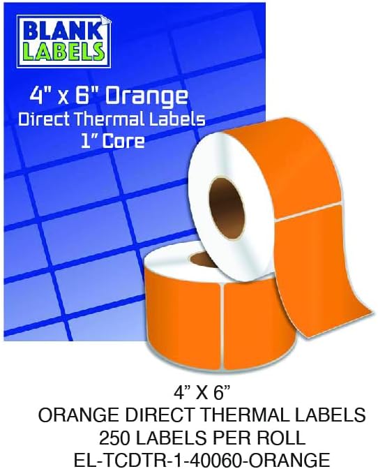 4" X 6" Direct Thermal Shipping Labels | Orange | 1" Cores w/Perfs Easy Tear | Made in USA | Printing Label | 1000 Labels | 250 Labels per Roll | 4 Rolls | Blank Labels