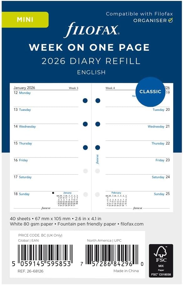 Filofax Calendar Diary Refill, Mini Size, Week on One Page, White Paper, Unruled, English, 2026 (C68126-26)