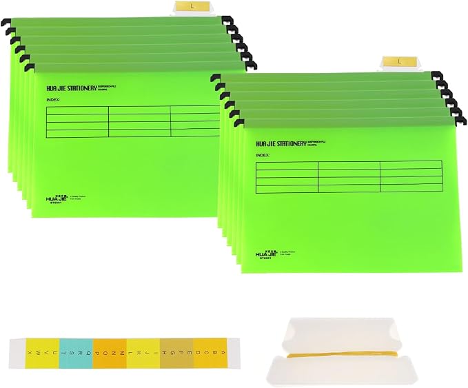 12 Pcs Hanging File Folders with Tabs and Card Inserts,A4 Suspension Files for Filing Cabinets, Waterproof Suspension Files Holder with Adjustable Tab Design for Home Office School (Green)