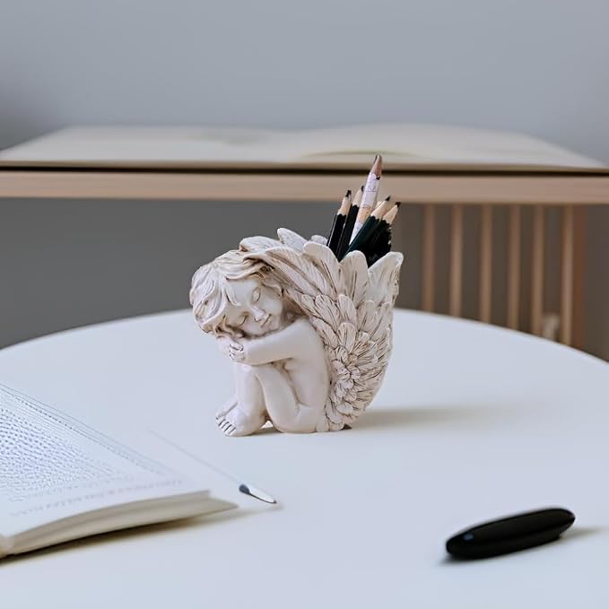 Angel Figurine Pen Holder - Cute Desk Organizer & Decorative Pencil Cup, Unique Office Desk Accessories for Women Gift(White Resin)