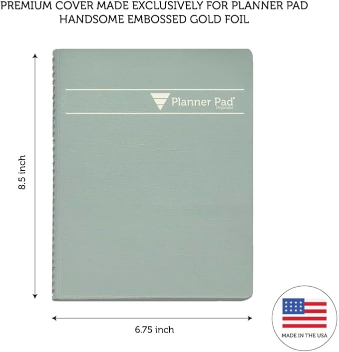 Planner Pad Spiral Bound July 2026 - June 2027 / Academic Year 6 3/4" x 8 1/2" Medium 3-Tier Funnel Down 12 Month Organizer, Greenish Grey Cover/Soft Green Ink