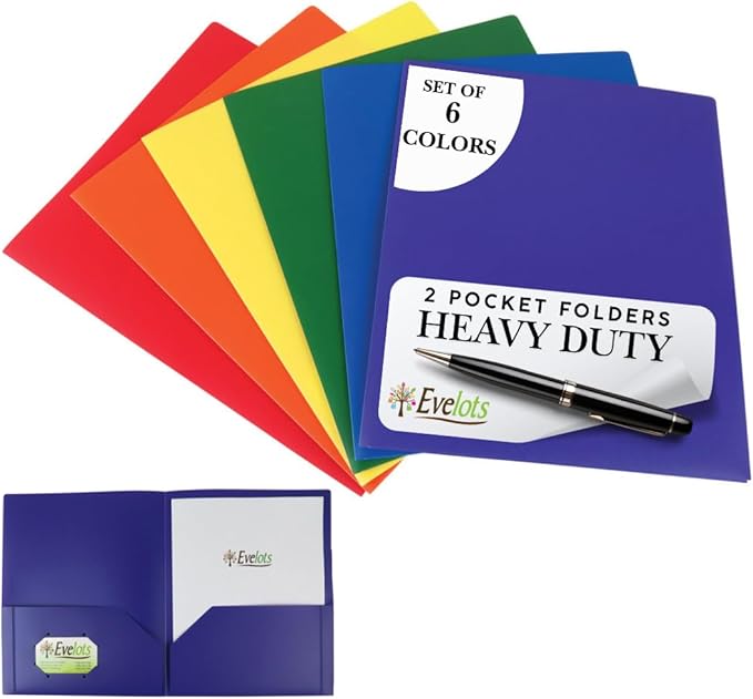Evelots 6 Pack Plastic Folders with Pockets - 6 Assorted Colors - Heavy Duty File Folders with Business Card Slot - 2 Pocket Folder for Office, School, Home, Sports Coaches - Documents Letter Size