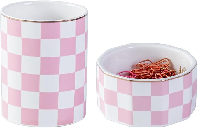 Aesthetic Desk Organizer Set of 2 For Office, Checkered Pen Holder and Paper Clip Holder Dispenser, Ceramic Cute Pencil Cup, Desktop Accessories, Office Decor, Ideal Gifts for Mom (Pink-White)