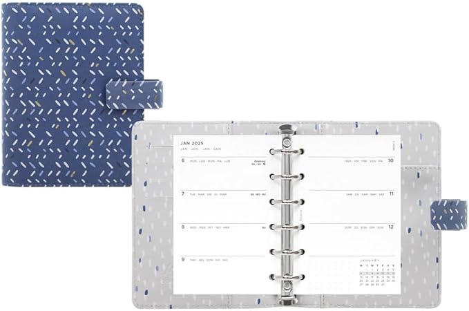 Filofax Indigo Organizer, Pocket Size, Frost - Leather-Look, Gold Foil Accents, Six Rings, Week-to-View Calendar Diary, Multilingual, 2025 (C028714-25)