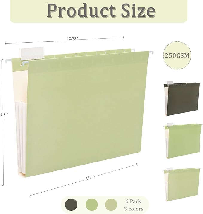 6 Pack Extra Capacity Hanging File Folders Letter Size, Reinforced Expandable Folders with 1/5-Cut Tabs for Filing Cabinets, Durable Office & Home Organizer, Green