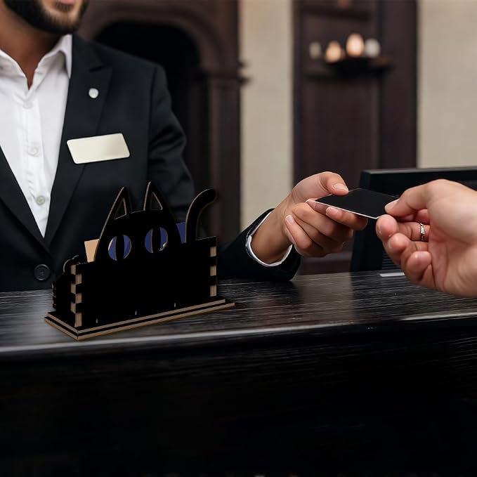 2Pcs Cute Cat Business Card Holder Desk Wooden Business Card Holders Cute Black Cat Name Postcard Organizer Display Stands for Office Desktop Home Shop Tabletop Decor 4.5" x 1.6" x 3.5"