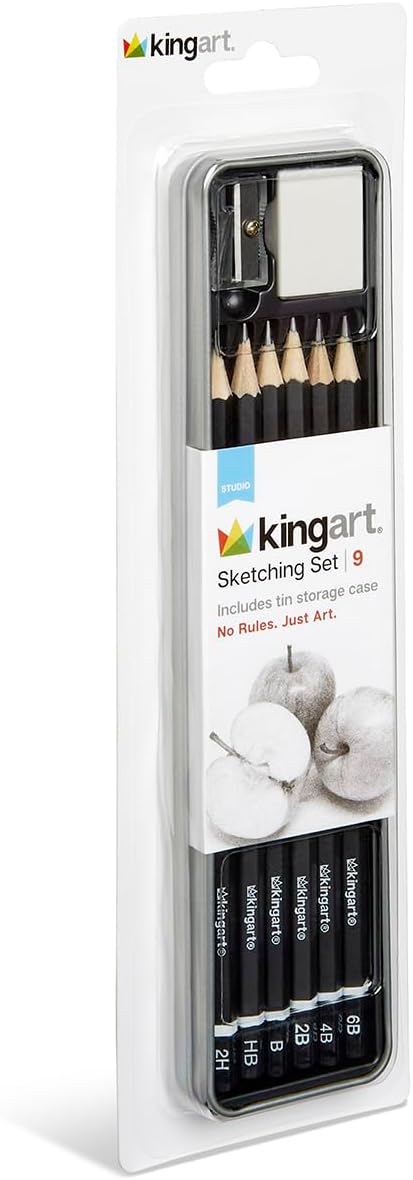 KINGART 9-Piece Essential Sketching & Drawing Pencil Set with Metal Storage Tin – Includes 6 Graphite Pencils (2H to 6B), Sharpener, and Eraser