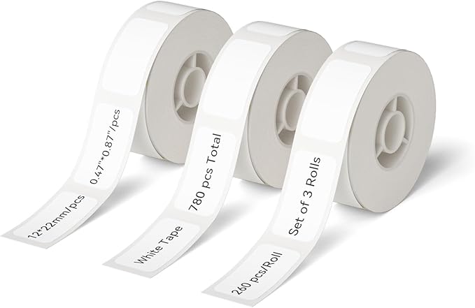 NIIMBOT D11 Label Maker Tape D110 Labels 3Rolls, Self-Adhesive Labeling Tape Replacement 0.47" X 0.86" (12 X 22mm) Thermal Label Refills for Home Office, 260 Labels/Roll, White