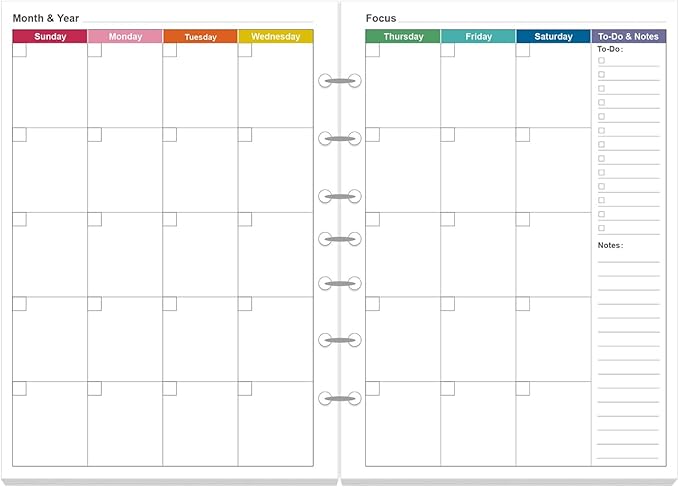 Monthly Planner Refills for Mini Binders - 53 Sheets/106 Pages Undated Colorful Monthly Planner, 7-Hole Punched, 100 gsm White Paper, Lasts 2 Year, Undated, 5.8" x 8.3"