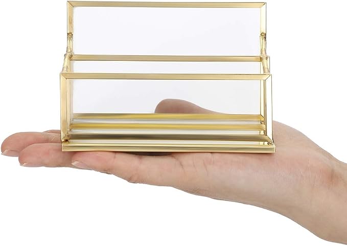 Hipiwe 2 Slots Glass Business Card Holder Stand - Gold Metal Frame Name Card Display Stand Business Name Card Organizer for Office Tabletop,Fits 80-100 Business Cards