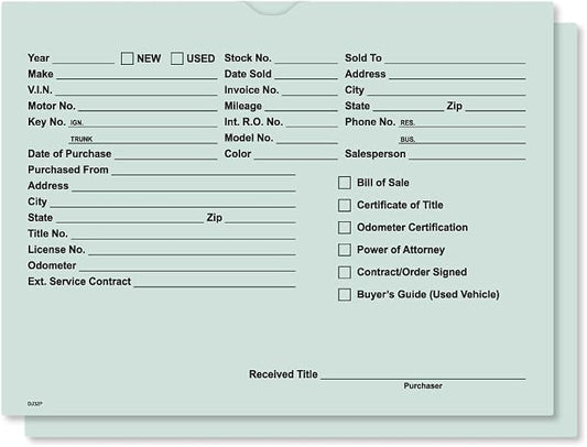 Printed Vehicle Deal Jackets Envelopes Folders for Auto Car Dealerships - 9x12 Size - Dealer Supplies - New and Used Cars - 100 Quantity (Green)