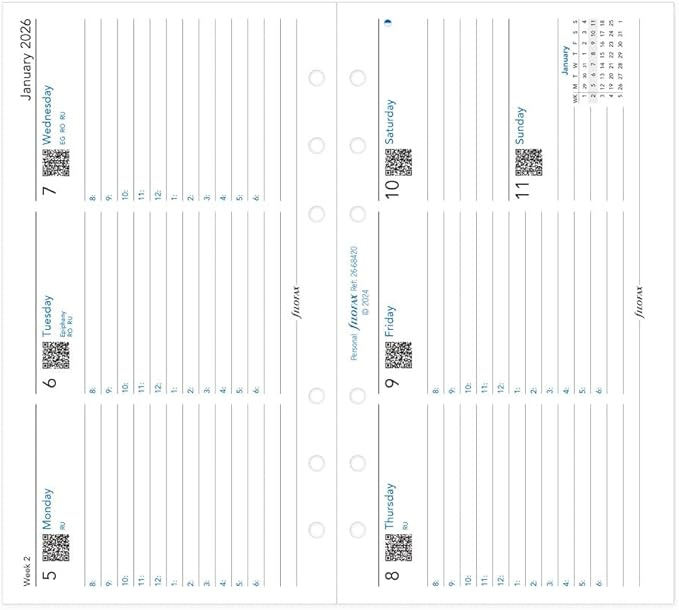Filofax Calendar Diary Refill, Personal/Compact Size, Week-to-View with Appointments, Horizontal, White Paper, Ruled, English, 2026 (C68420-26)