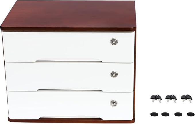 Lockable Desk Organizer Wooden Desktop Drawers Office Flat Files Storage Box Locking Countertop Storage Cabinet (Walnut + White, 3-Tier)