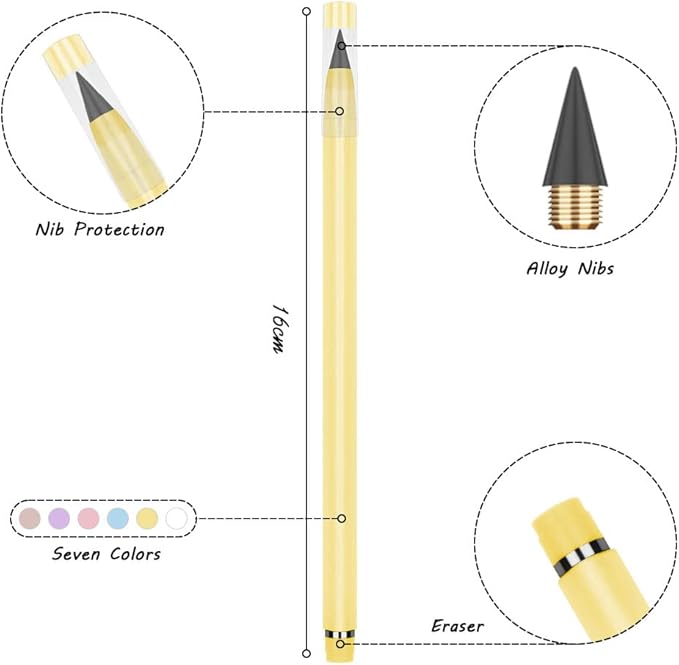 OFFCUP Infinity Inkless Graphite Pencil, 7PCS with 7 Replaceable Nibs & Extra Eraser, Multicolor, Ambidextrous, B Hardness, 0.5mm, Unisex, Contemporary Style, Writing, Drawing, Marking
