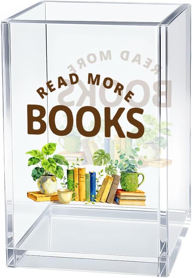 Read More Books Acrylic Pen Holder Cosmetic Organizer, Funny Potted Pen Pencil Holders for Desk, Reading Nook Accessories for Bookworm, Bookmark Holder for Bookshelf, Librarian Teacher Gifts