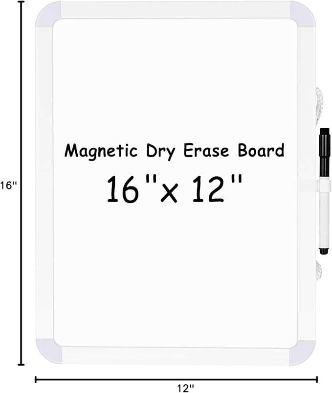 WALGLASS Small Dry Erase Whiteboard, 16" x 12" Magnetic White Board for Wall, Fridge, Locker, Portable Mini White Board for Kids, Students, Hang or Stick Whiteboard for Home, School, Office, Kitchen
