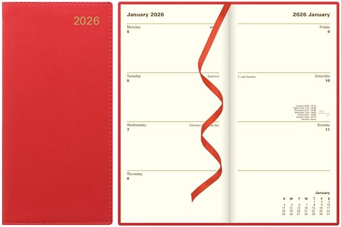 Letts of London® 2026 Belgravia Weekly/Monthly Appointment Book and Planner, 12 Months, January to December, Italian Leather, Vertical, Slim Size, 6.625" x 3.25", English, Red (C33SURD-26)