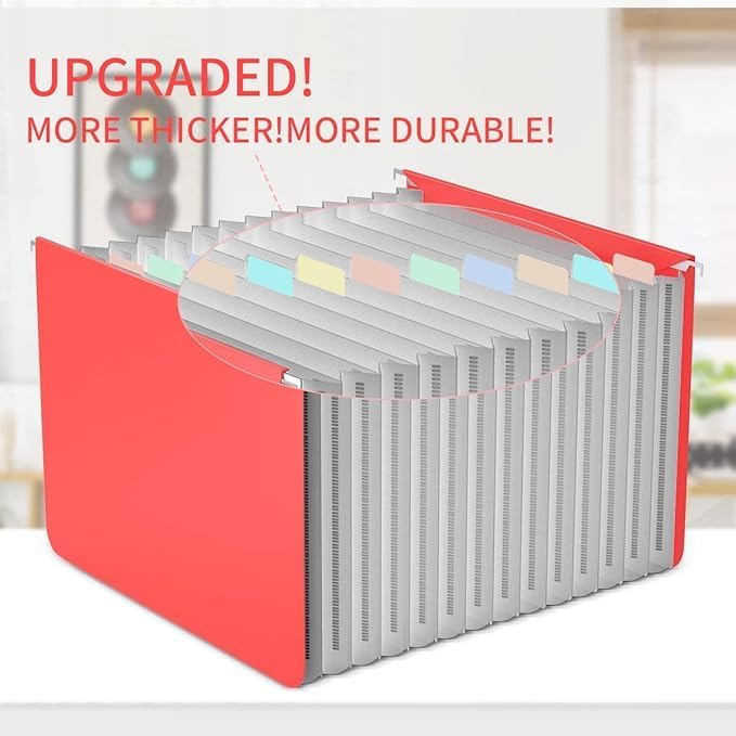 TOPCJ Plastic Expanding Hanging File Folders,12 Expandable Pockets,Multi Color Tabs,Hanging Folders for Filing Cabinet Letter Size,Office Supplies Manilla File Folders 8.5 X 11,Red