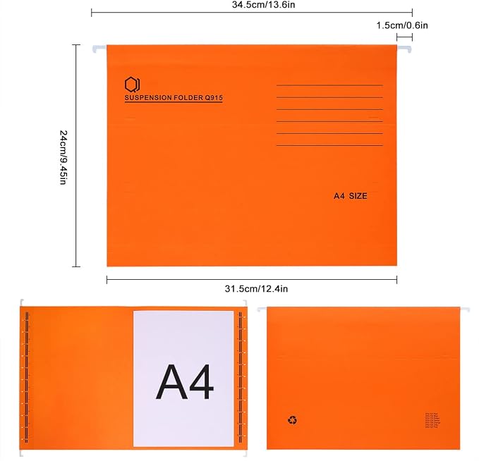 A4 Hanging File Folders, 25 Pcs Recycled Card File Folders for Filing Cabinet with Tabs and Card Inserts, Hanging Files Storage Folders for Office and School, Orange