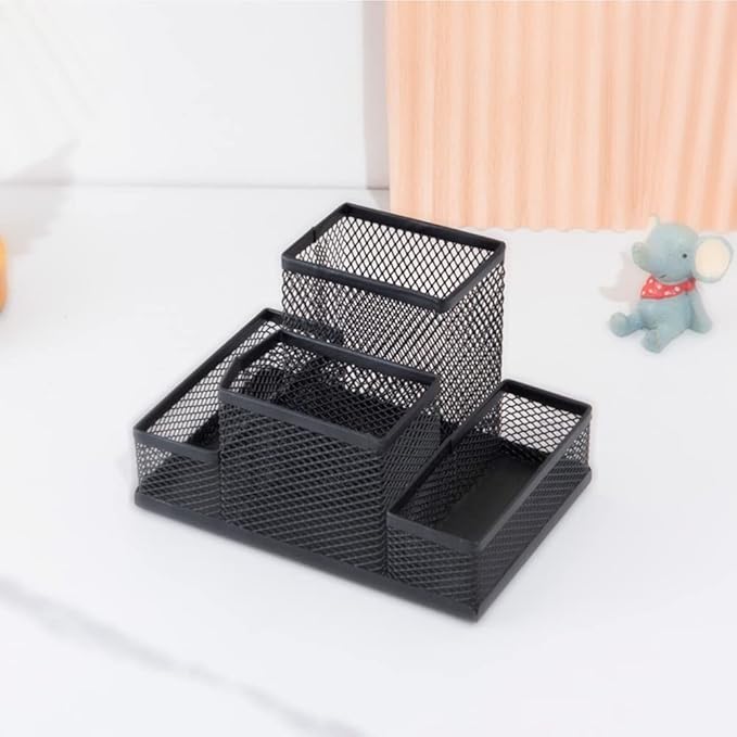 Desk Organizer Desktop Mesh Pen Pencil Holder Caddy with 4 Compartments, Office Home School Classroom Accessories Cool Supplies