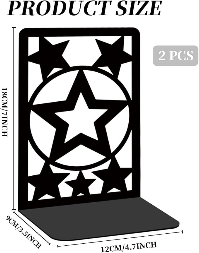 Star Metal Bookends for Shelves Decorative Books for Desk Organizer, Tall Sturdy Metal Book Ends for Heavy Books, Book Shelf Book Holder for Office Library Decor and Home Decor