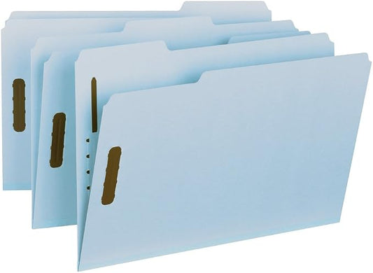 Smead 100% Recycled Pressboard Fastener File Folder, 2 Fasteners, 1/3-Cut Tab, 1" Expansion, Legal Size, Blue, 25 per Box (20000)