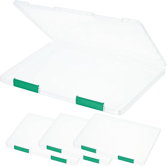 PATIKIL Clear A4 File Portable Project Case with Buckle Plastic Storage Box for 8.5" x 11" Letter Paper Scrapbook Paper Storage Boxes, 4Pcs, 12.2"x9.1"x0.8", Dark Green