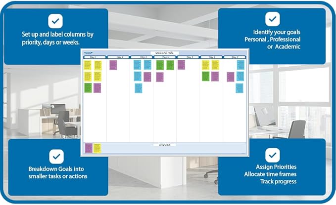 Sky Blue 7-Column Task, Goals & Objective Wall Horizontal Organizer 36" x 56". Complete with Marker