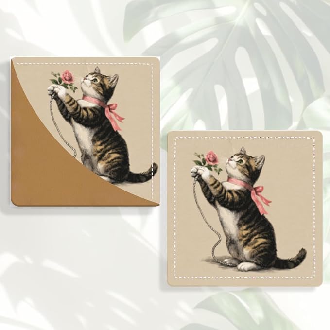 2PCS PU Leather Bookmarks 3.5x3.5 Inch Cat Rose Design | PU leather bookmarks with cat and pink rose design for novels, journals, planners, students, teachers and book lovers.