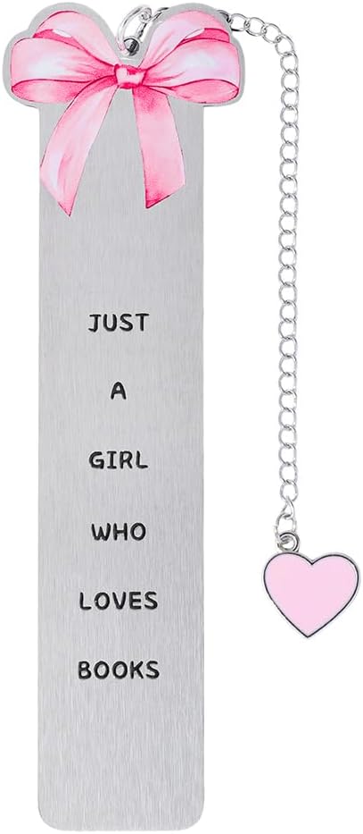 Pink Bowknot Stainless Steel Bookmark - Printed with Cute Bowknot Patterns & Equipped with Heart Pendants, Ideal for Female Readers, Perfect Birthday Gift for Girlfriends (Style B)