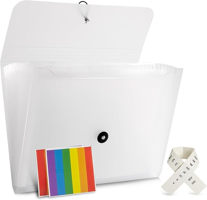 Expanding File Folder File Organizer 13 Pocketsr Accordion Filing Folder for Documents Aesthetic Paper Organizer Folder for Work, School, Home, Office (Transparancy White)