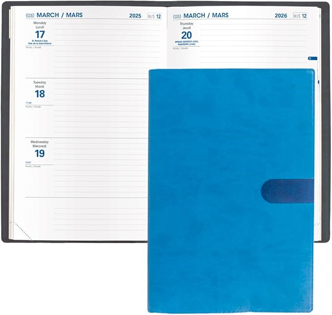 Quo Vadis 2026 Hebdo - Bi-Lingual (EN/FR) - Weekly/Monthly Planner - 12 Months, Jan. to Dec. - 6 1/4 x 9 3/8" - Smooth Faux Suede Texas Blue Covers - Productivity Time Management Organizer