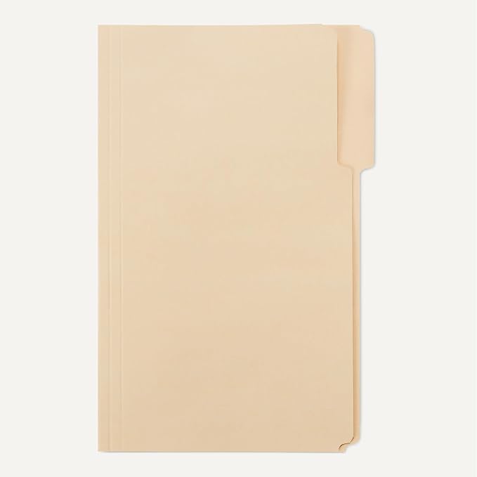 Amazon Basics 100% Recycled File Folder, 1/3-Cut Tab, Legal Size, Manila, Pack of 100