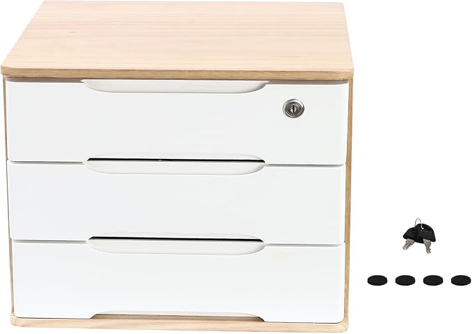 3-Tier Desk Organizer with Lockable Drawers,1 Locks & 2 Keys, Categorized Storage Desktop File Cabinet,Wooden Desktop Storage Box (Wood Color, White)