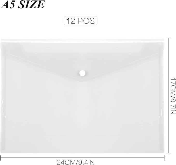Toplive File Folders,12 Packs Plastic Envelopes Clear A5 Letter Size Waterproof Poly Envelopes Folders with Snap Closure for Office School Supplie