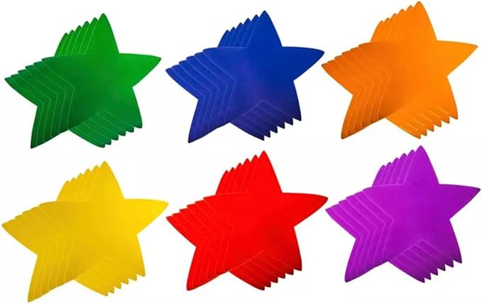 Star Cutouts Bulletin Board Cardstock Shape Accents - Red, Blue, Yellow, Green, Purple, Orange - 36 Pieces - 6 x 6 Inches