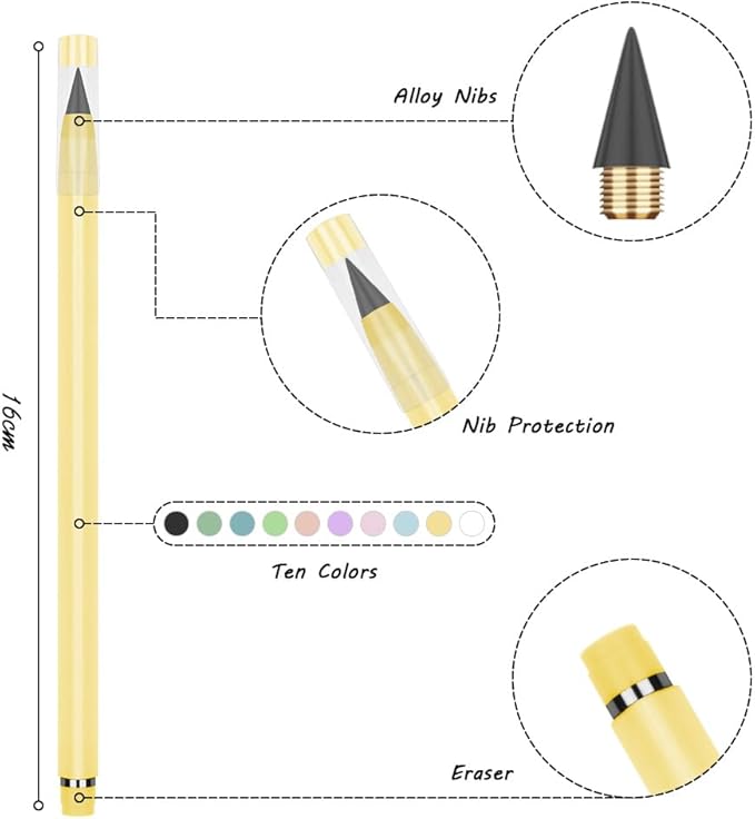 OFFCUP Infinity Pencil, 10PCS Inkless Pencils Forever Pencil with Eraser, Including 10 Replaceable Nibs, 20 Erasers Reusable Everlasting pencil Magic Pencils for Writing Art Sketch Painting Tool