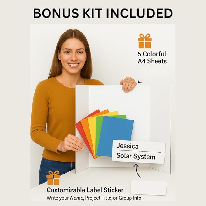 Trifold Poster Board 36"x48" 3 Pack Corrugated Display Board with Bonus 5 Colored A4 Sheets & Label, White Front Kraft Back Perfect for School Projects, Business Presentations, Science Fairs (White)