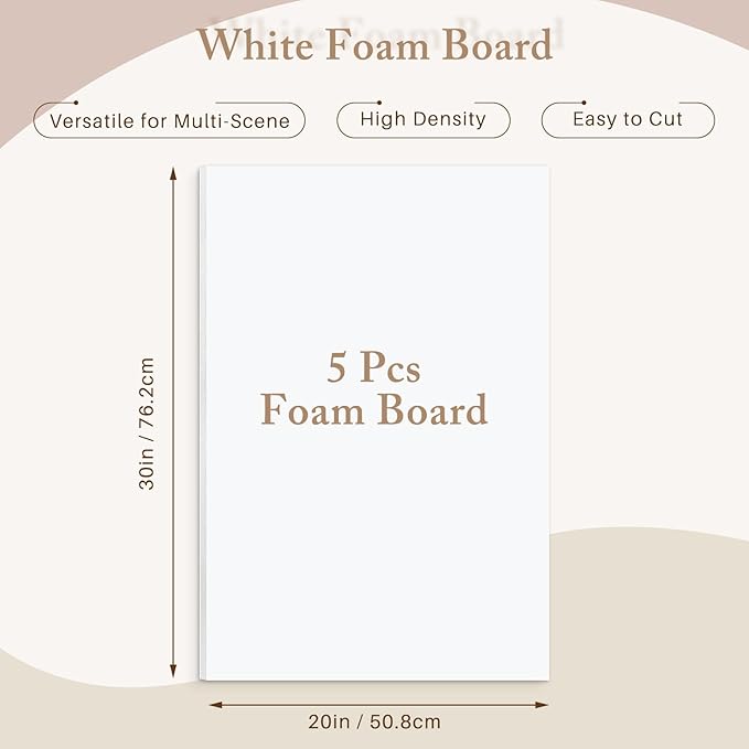 AUEAR, 5 Pack 20x30 White Foam Boards, Foam Core Poster Board for Display, Mounting, Print, Presentation and Projects, 1/8'' Thick